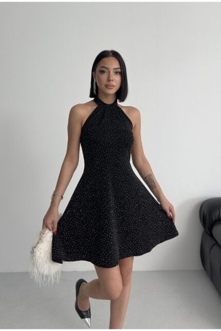 Parıltılı Taş Baskılı Mini Siyah Abiye Mezuniyet Elbise – Siyah - Alfudo Moda