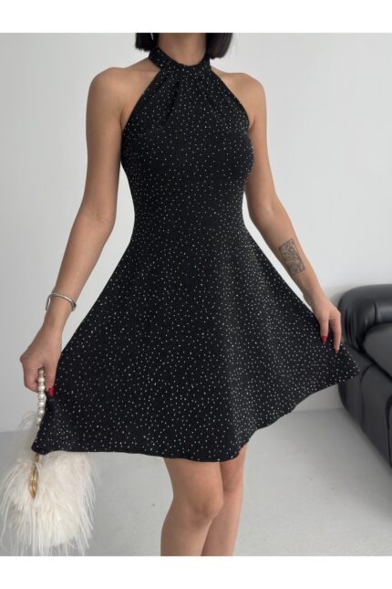 Parıltılı Taş Baskılı Mini Siyah Abiye Mezuniyet Elbise – Siyah - Alfudo Moda