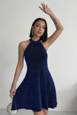 Parıltılı Taş Baskılı Mini Lacivert Abiye Mezuniyet Elbise - Lacivert - Görsel 2