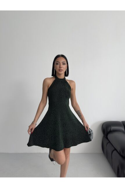 Parıltılı Taş Baskılı Mini Zümrüt Abiye Mezuniyet Elbise – Zümrüt Yeşili - Alfudo Moda