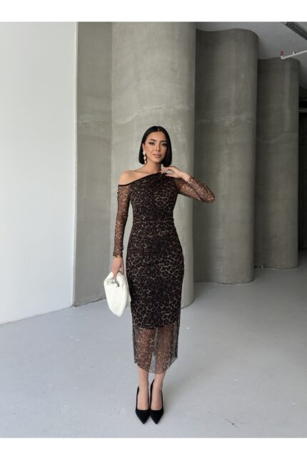 Kadın Hakim Yaka Leopar Detay Transparan Tül Kollu Astarlı Drapeli Midi Abiye Elbise – Siyah Leopar - Alfudo Moda