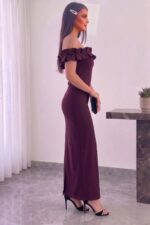Düşük Omuz Volanlı Uzun Mezuniyet Abiye Elbise - Mor - Görsel 2