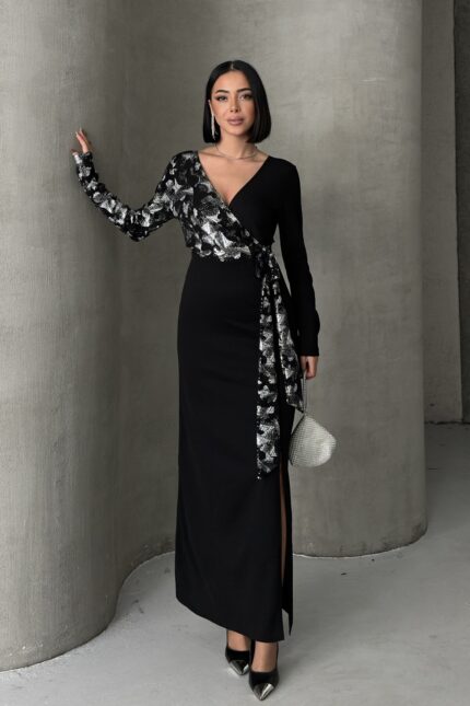 Siyah Gold Desenli Kruvaze Uzun Abiye Elbise – Siyah - Alfudo Moda
