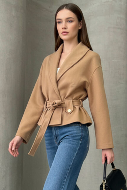 Bağlama Detaylı Düğmeli Rahat Kalıp Kaşmir Hırka/Ceket – Kahverengi - Alfudo Moda