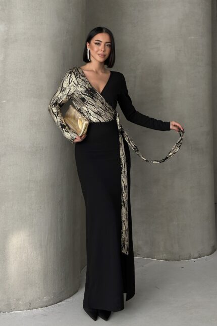 Siyah Gold Desenli Kruvaze Uzun Abiye Elbise – Gold - Alfudo Moda