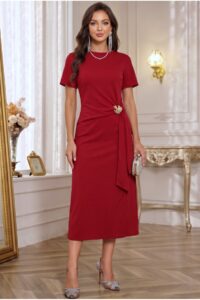 Kadın Bordo Bisiklet Yaka Kısa Kollu Yandan Bağlamalı Midi Boy Elbise - Bordo