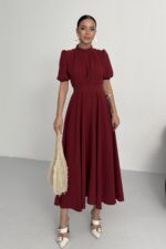 Nil Lacivert Kloş Etek Kısa Kol Midi Boy Saten Abiye Elbise Bordo - Bordo