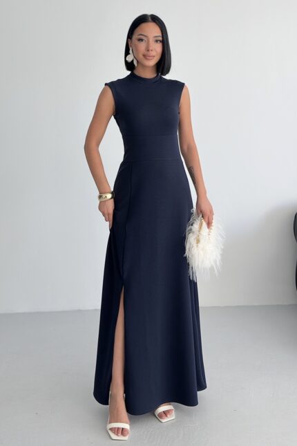 Bisiklet Yaka Yırtmaçlı Lacivert Maxi Elbise – Lacivert - Alfudo Moda