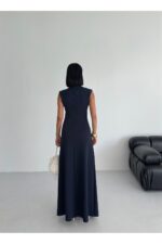 Bisiklet Yaka Yırtmaçlı Lacivert Maxi Elbise - Lacivert - Görsel 5