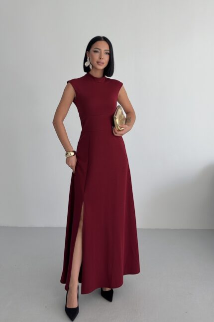 Bisiklet Yaka Yırtmaçlı Bordo Maxi Elbise – Bordo - Alfudo Moda