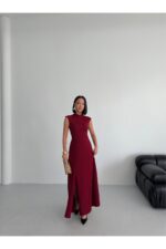 Bisiklet Yaka Yırtmaçlı Bordo Maxi Elbise - Bordo - Görsel 2