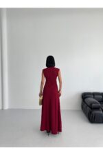 Bisiklet Yaka Yırtmaçlı Bordo Maxi Elbise - Bordo - Görsel 3