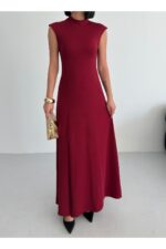 Bisiklet Yaka Yırtmaçlı Bordo Maxi Elbise - Bordo - Görsel 4