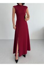 Bisiklet Yaka Yırtmaçlı Bordo Maxi Elbise - Bordo - Görsel 5