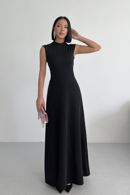 Bisiklet Yaka Yırtmaçlı Siyah Maxi Elbise – Siyah - Alfudo Moda