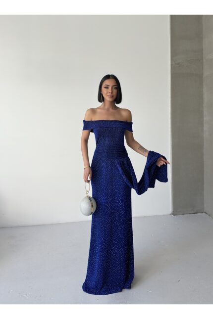 Düşük Omuz Drapeli Simli Saks Mavi Abiye Lacivert Elbise – Lacivert - Alfudo Moda