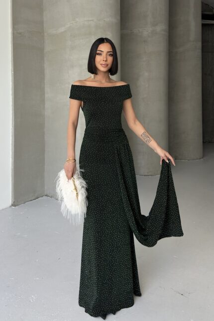 Düşük Omuz Drapeli Simli Zümrüt Abiye Elbise – Zümrüt Yeşili - Alfudo Moda