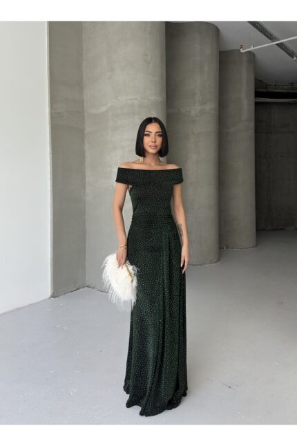Düşük Omuz Drapeli Simli Zümrüt Abiye Elbise – Zümrüt Yeşili - Alfudo Moda