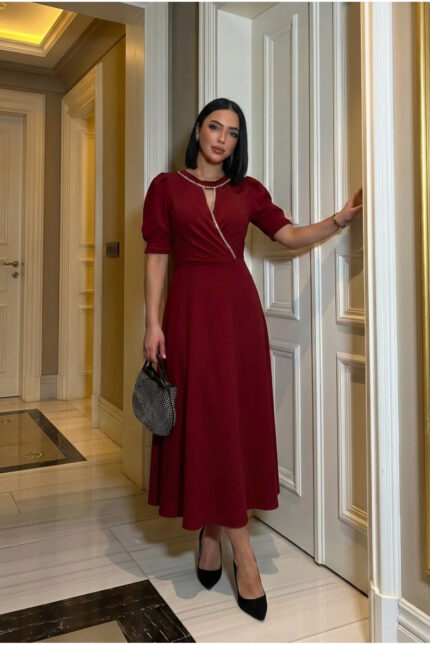 Taş Detaylı A Kesim Şık Siyah Elbise – Bordo - Alfudo Moda