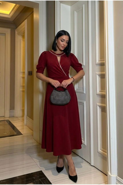 Taş Detaylı A Kesim Şık Siyah Elbise – Bordo - Alfudo Moda