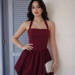Kadın Bordo Abiye Fırfır Etekli Boyundan Askılı Mini Elbise - Abiye & Mezuniyet Elbisesi - Bordo