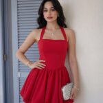 Kadın Abiye Fırfır Etekli Boyundan Askılı Mini Elbise - Abiye & Mezuniyet Elbisesi - Kırmızı