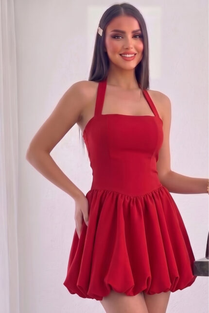 Kadın Abiye Fırfır Etekli Boyundan Askılı Mini Elbise – Abiye & Mezuniyet Elbisesi – Mor - Alfudo Moda