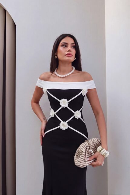 Eliza Çiçekli Abiye Siyah Elbise – Siyah - Alfudo Moda