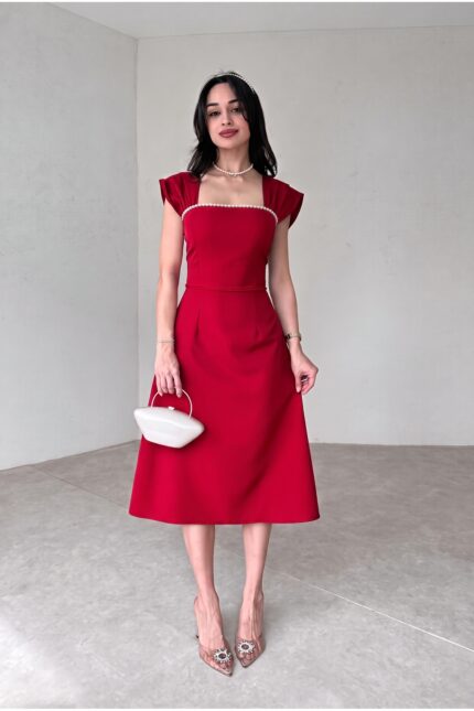 Özel Tasarım İnce Detay Kırmızı Midi Elbise – Kırmızı - Alfudo Moda