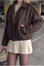 Kadın Oversize Kaşe Bomber Ceket - Yeni Sezon Trend Ceket - Açık Kahve
