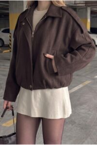 Kadın Oversize Kaşe Bomber Ceket - Yeni Sezon Trend Ceket - Açık Kahve