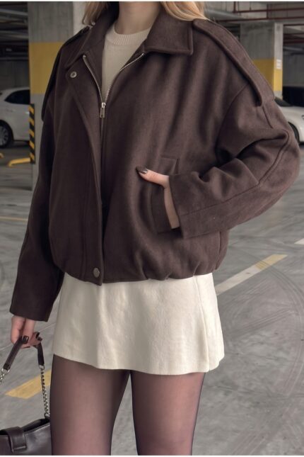 Kadın Oversize Kaşe Bomber Ceket – Yeni Sezon Trend Ceket – Açık Kahve - Alfudo Moda