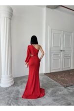 Tek Kol Gece Elbisesi Kırmızı Abiye - Kırmızı - Görsel 3