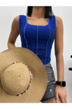Kadın Mavi Fuşya Ters Dikiş 2'li Fitilli Crop Bluz - Mavi - Görsel 2