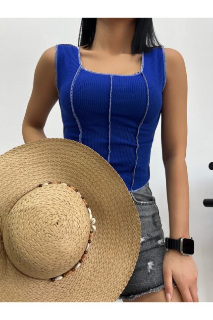 Kadın Mavi Fuşya Ters Dikiş 2’li Fitilli Crop Bluz – Mavi - Alfudo Moda