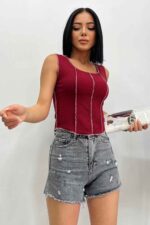 Kadın Mavi Yeşil Ters Dikiş 2'li Fitilli Crop Bluz - Bordo - Görsel 3