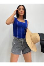 Kadın Mavi Fuşya Ters Dikiş 2'li Fitilli Crop Bluz - Mavi - Görsel 3